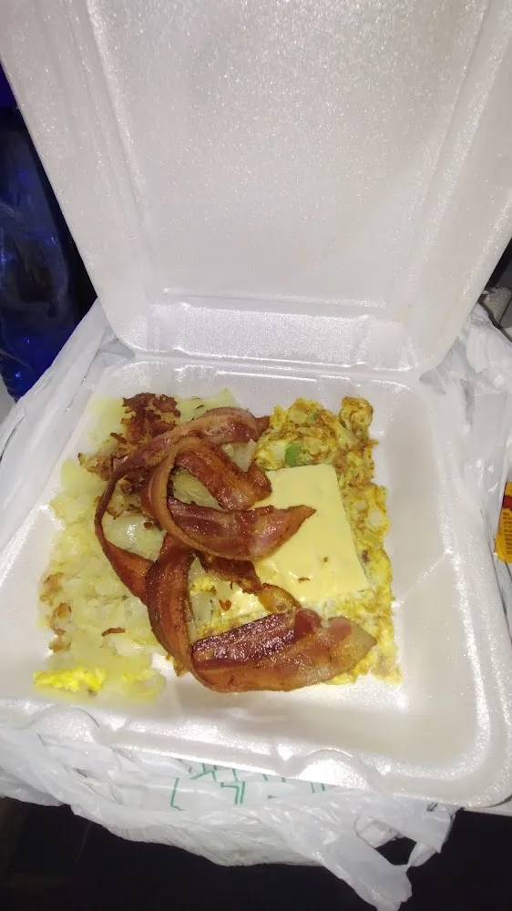 Hash Browns Bacon and Omelette